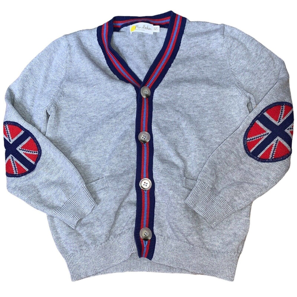 Mini Boden grey cardigan english flag elbow patch Size 7/8 cotton blend